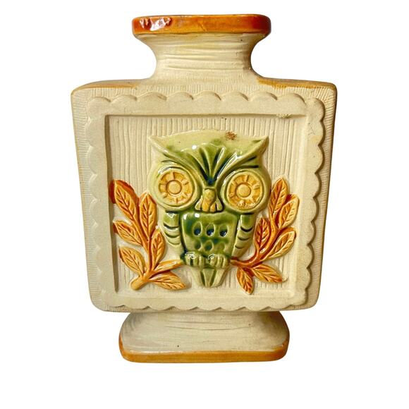 Vintage 70s Square Boho Owl Vase Green Cream Tan Glaze 7 Inches Tall Bohemian - Picture 1 of 9